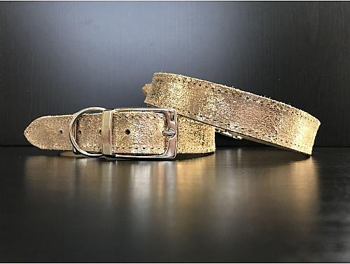 Beige with Gold Glitter - Leather Dog Collar - Size L